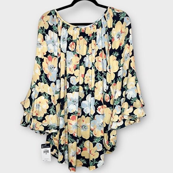 NWT CHAPS Georgette Ruffle Sleeve Peasant Blouse Yellow & Navy Floral Size 2X - Picture 3 of 8